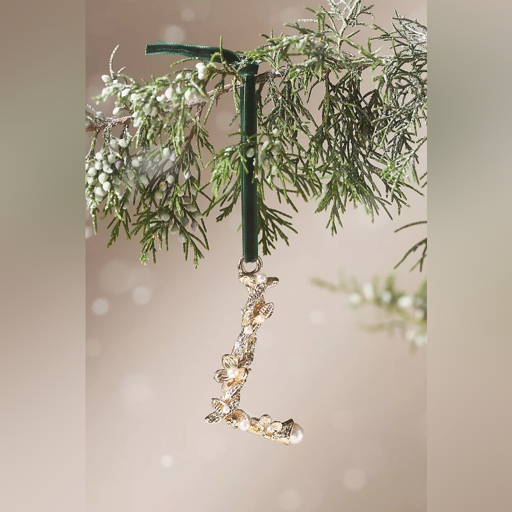Anthropologie Aurelia Gold Pearl Monogram Letter “L” Initial Ornament NWT